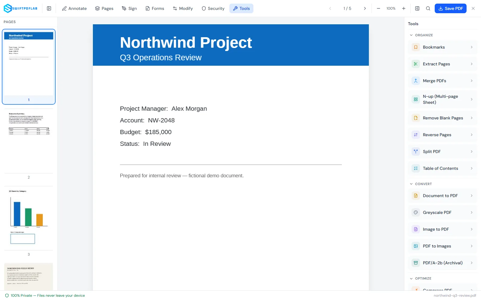 SwiftPDFLab Editor interface with a PDF document open, showing the toolbar, page thumbnails and tool panel